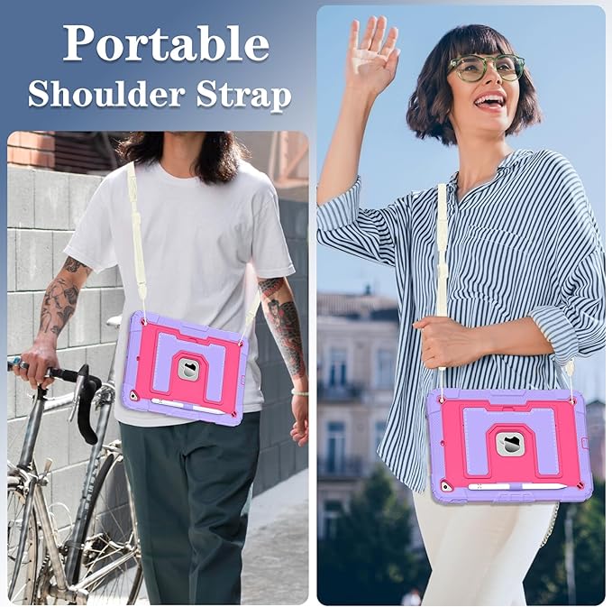Kids Friendly Case for Apple iPad 10.2" 9th 8th 7th Generation 2021/2020/2019 Case with Pencil Holder & Shoulder Strap, Military Grade Shockproof Kickstand Hard Shell Protective Cover,Rose+Purple