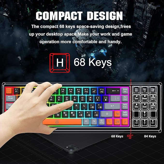 Snpurdiri 60% Percent Gaming Keyboard, Compact RGB Backlit Small Gaming Keyboard for Windows, PC, Laptop (68 Keys, Black-Grey-Orange)