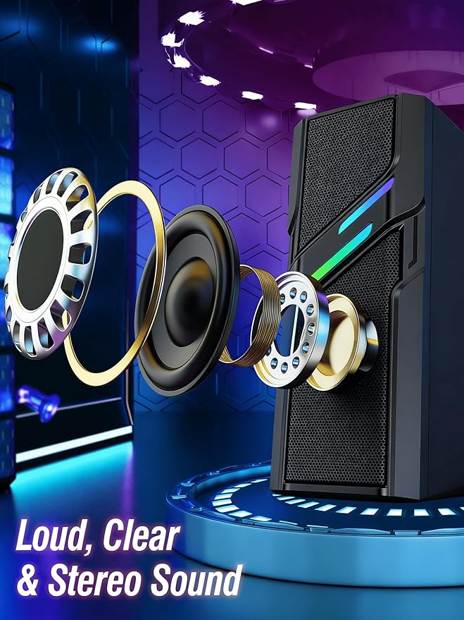 LENRUE Computer Speakers for Desktop PC with Easy Knob, Clear Powerful Sound, Touch Lights, Plug and Play for Computer Desktop PC, Monitors, Laptop (USB & AUX)