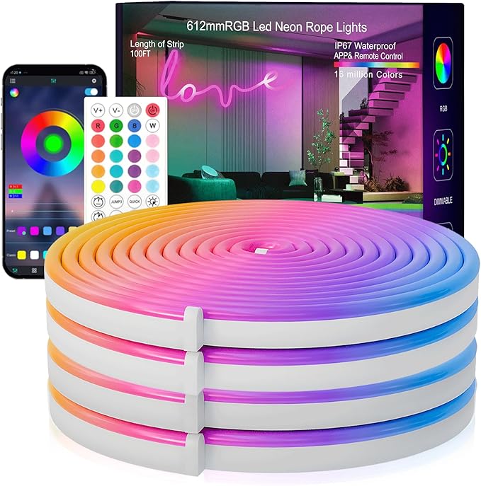 SILFU Neon Rope Lights, 40FT RGB LED Strip Lights, Waterproof IP67 LED Lights for Bedroom, DIY Design, Music Sync, 44 Key Remote Control, Multiple Modes for Bedroom, Holiday Decoration