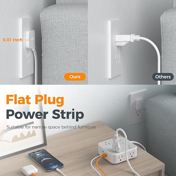 TESSAN Surge Protector Power Strip, 5 Ft Flat Plug Extension Cord with 3 USB (1 USB C 20W PD) 8 Outlets, 1250W, 900J Protection, 3 Sided Outlet Extender with Power Switch for Office, Dorm Room, Grey
