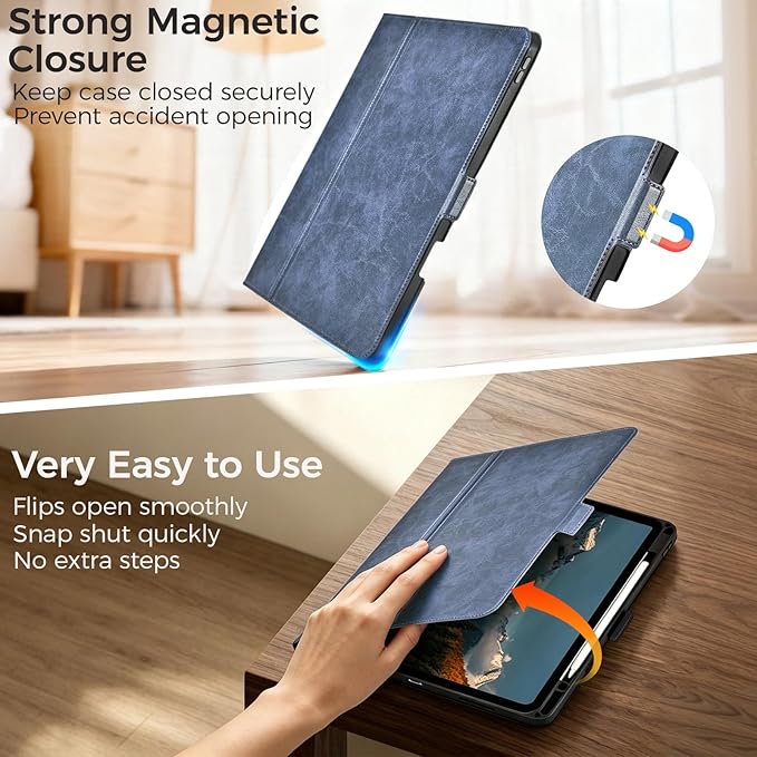 Slim Case for iPad Pro 13 Inch M5/M4 (2025/2024) A3360/A3361/A2925/A2926 with Pencil Holder,Lightweight Cover,Magnetic Closure,Multi Angle Stand,Typing Angle,Auto Sleep/Wake,Blue
