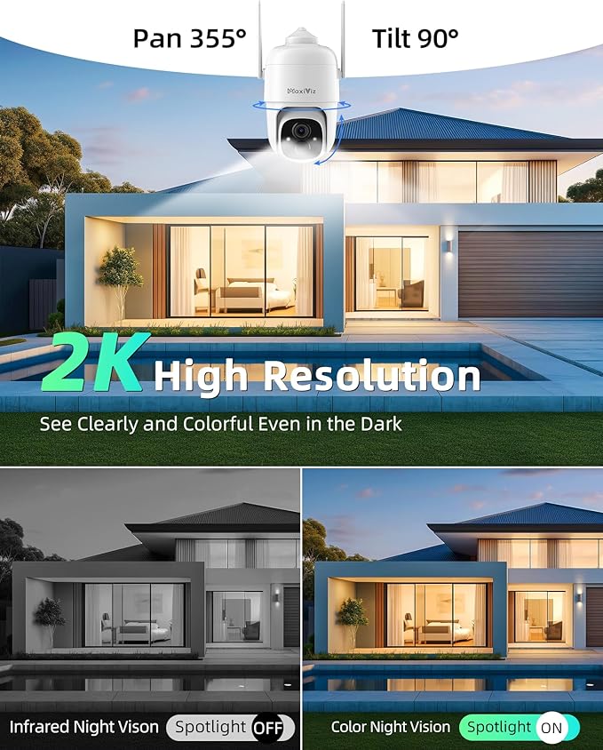 MaxiViz Solar Security Camera Wireless Outdoor, 360° View Qutdoor Cameras for Home Security with AI Motion Detection, 2K Color Night Vision, Two-Way Talk, IP66 Weatherproof, SD/Cloud Storage