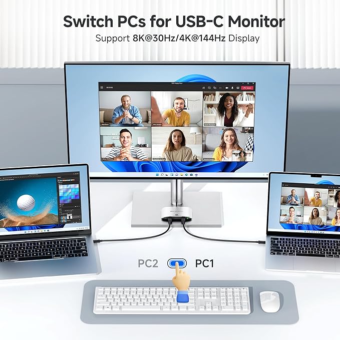 Cable Matters 20Gbps USB C Switch for 2 Computers, Up to 8K@30Hz on Windows, 4K@60Hz on macOS, 140W PD, for Sharing a USB-C/Thunderbolt 4 Monitor or Dock (Not for Dock with an Attached Cable)