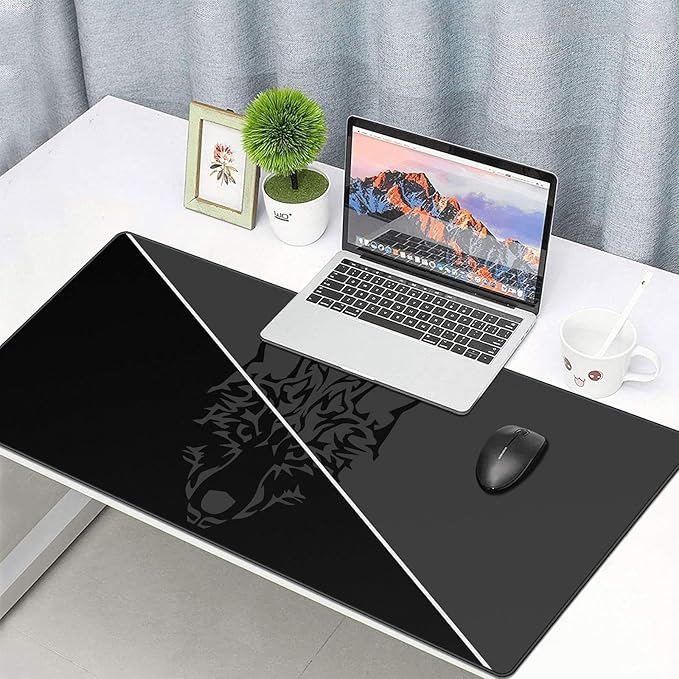 Large Gmaing Mouse Pad with Stitched Edges, Superior Micro-Weave Cloth, Non-Slip Base, Size 35.4 X 15.7X 0.12inches - Black Gray Wolf Head