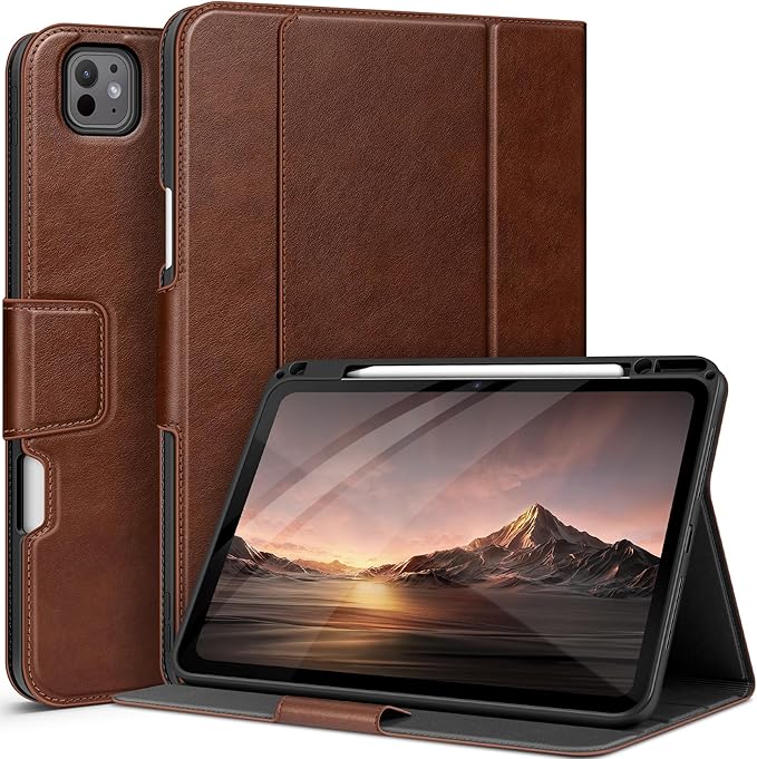 auaua Case for iPad Pro 13 Inch (M5/M4) 2025/2024, with Pencil Holder and Pocket, Multiple Viewing Angles, Magnetic Closure, Auto Sleep/Wake (Brown)