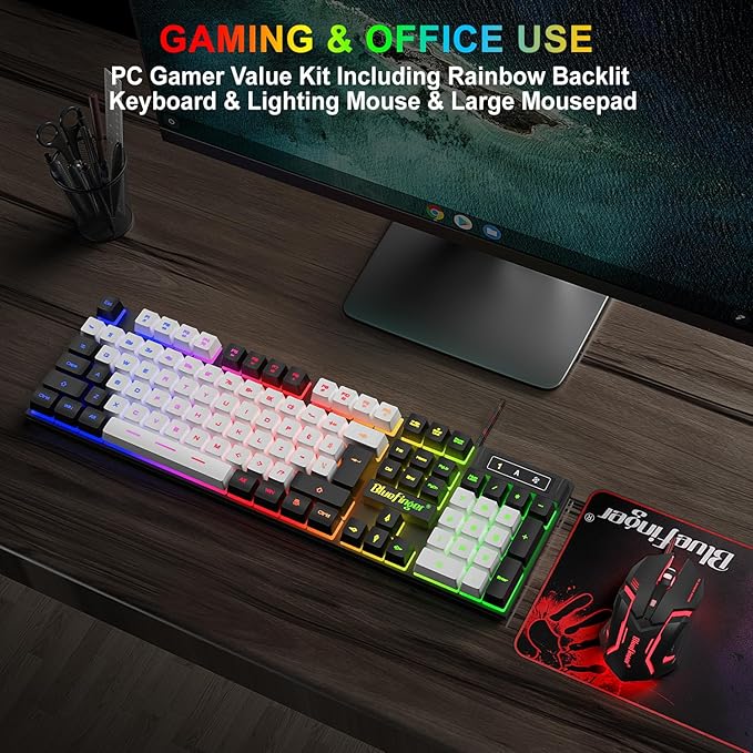 BlueFinger RGB Gaming Keyboard and Backlit Mouse Combo, USB Wired, LED Gaming Set for Laptop PC Computer Game and Work (Black & White)