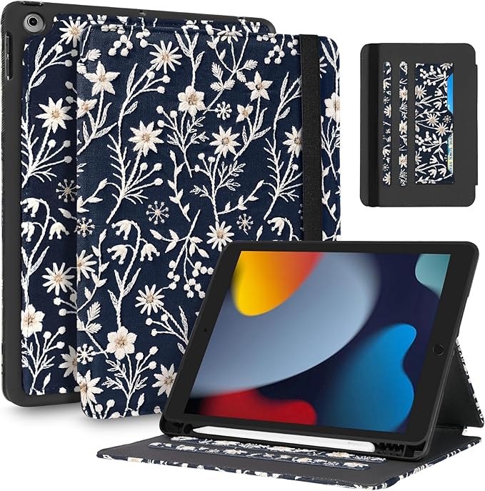 Uppuppy for iPad 9th/8th/7th Generation Case 10.2'' - for Women Girls Cute Embroidered Folio Stand Cover with Pencil Holder & Card Slot Girly Kawaii Flowers Design Aesthetic Cases for iPad 7th/8th/9th