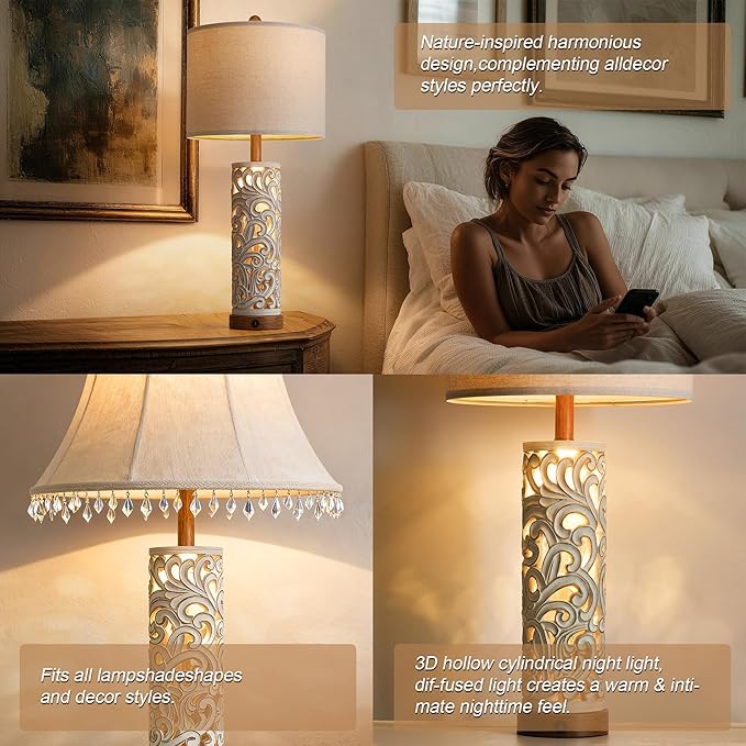 OYEARS 2-in-1 Light Table Lamp Set of 2 for Living Room, 28.5" Farmhouse Bedside Lamps with USB Charging Port, Main&Night Light & Dual Switches, Nightstand Lamp for Bedroom Home Office(Bulb Included)