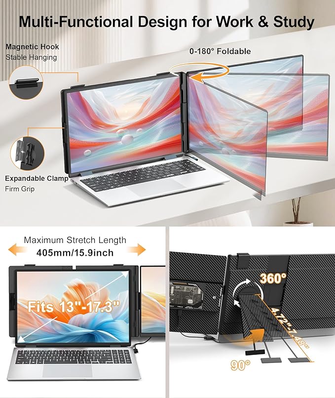 15.6" Laptop Screen Extender, Ultra-Slim FHD 1080P Portable Monitor, Detachable Dual Monitor Travel & Remote Work, Plug and Play for 13"-17.3" Laptops, for Windows/Mac/Android/Chrome