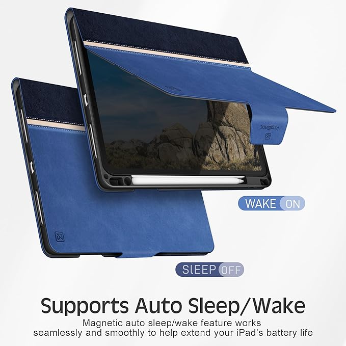 KingBlanc Case for iPad Pro 11 inch (M5 2025/M4 2024) with Pencil Holder, Vegan Leather Smart Stand Cover, Auto Sleep Wake, Support Pencil Pro/(USB-C), Viewing/Typing Angle, Durable Protection, Blue