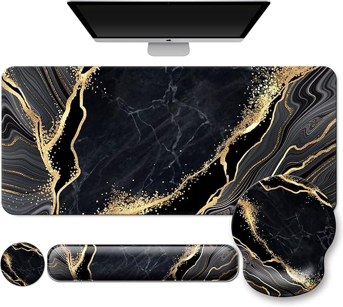 Mouse Pad + Desk Mat + Keyboard Wrist Rest + Coaster 4 in 1 Set, Cute Ergonomic Large Gaming Mousepad with Wrist Rest Support Desk Pad for Computer Laptop Office Home Decor-Marble 2