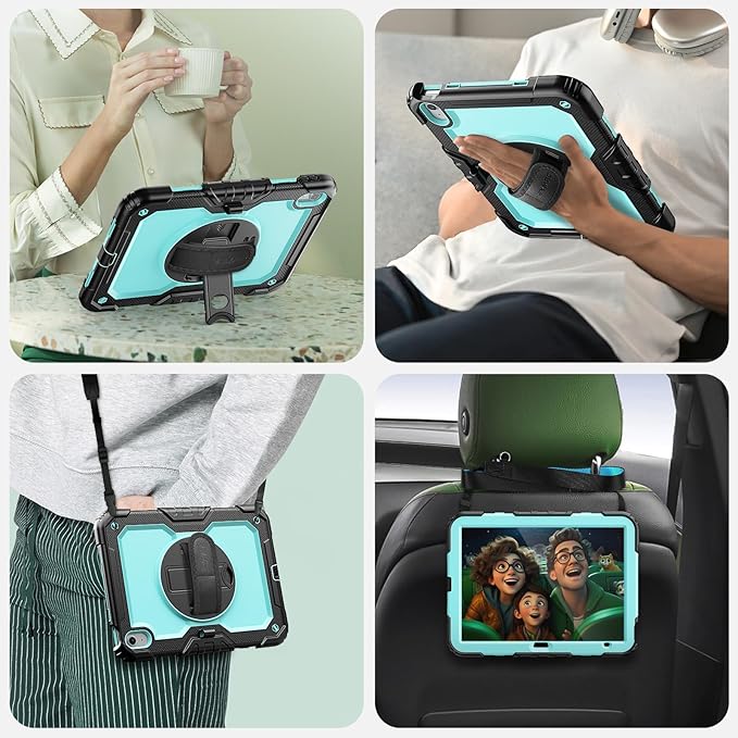 SEYMAC Case for iPad (A16) 11th/10th Generation 2025/2022 (11″/10.9″), Sturdy Heavy Duty Full-Body Shockproof Protective Case with Screen Protector, Rotating Stand, Hand/Shoulder Strap, Light Blue