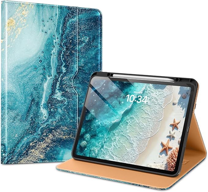 VIKESI Case for iPad Pro 13 (M4) 2024, Leather Stand Cover with Apple Pencil Holder, Auto Wake/Sleep, Multiple Viewing Angles, Built in Hand Strap & Pocket, Sandy Wave