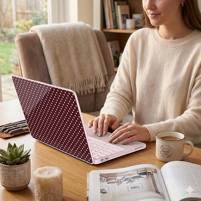 DONGKE for MacBook Neo 13 Inch Case 2026 (Model A3404, A18 Pro chip), Stylish Pattern Protective Hard Shell with Screen Protector, Keyboard Cover & USB-C Adapter - Burgundy Polka Dots