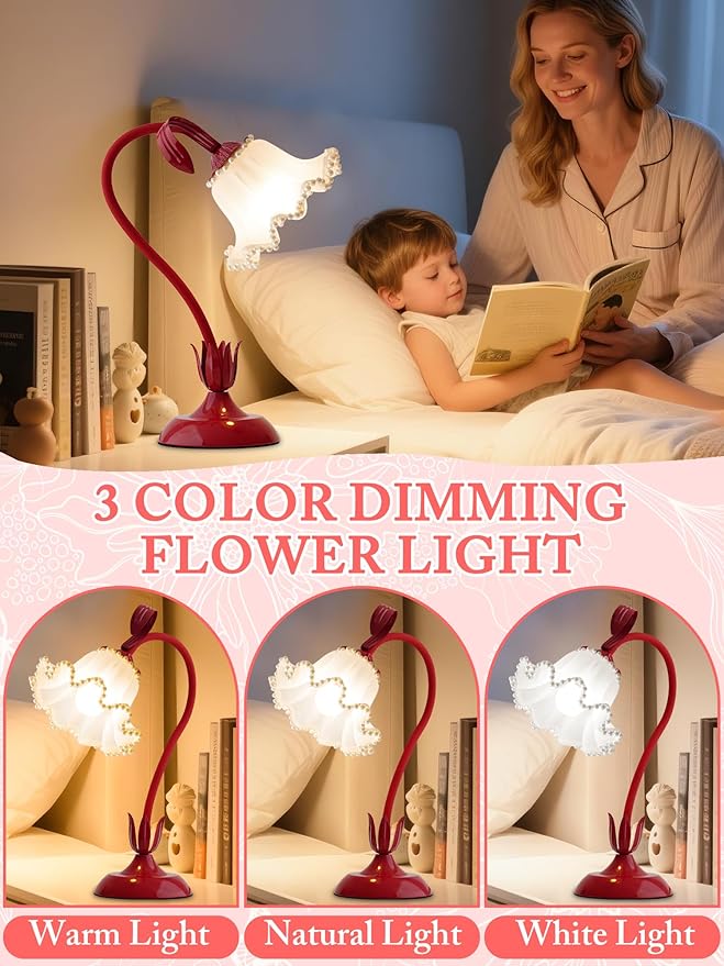 AQDZCNF Flower Table Lamp,LED Reading Light Bedside Vintage Flower Night Light,3 Colors Modes Kawaii Bedside Lamps Decor,Living Room Bedroom Room Lighting Table Lamps Home Decoration (Red Pearls)