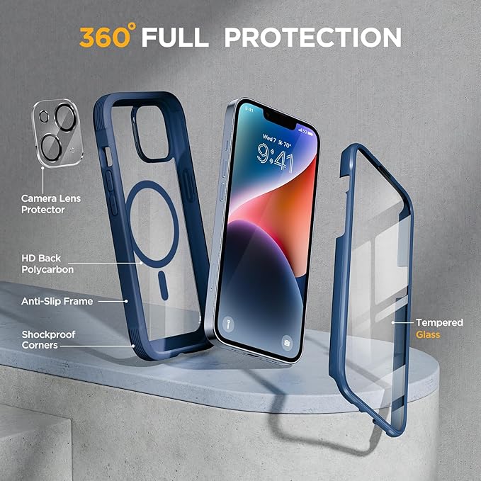 Miracase Glass Series Designed for iPhone 14 Plus Case 6.7 inch, 2023 Upgrade Full-Body Magnetic Clear Case with Built-in 9H Tempered Glass Screen Protector,Compatible with MagSafe,Blue