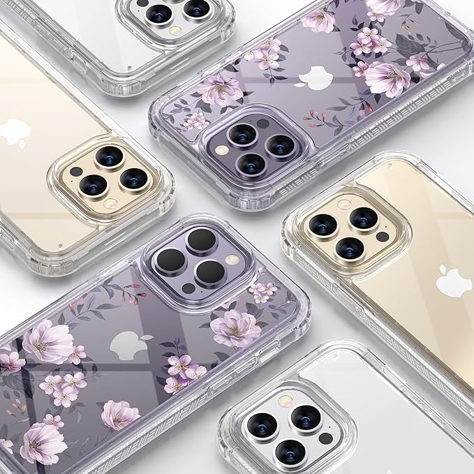 Diaclara Designed for iPhone 14 Pro Max Case 6.7’’, Full Body Rugged Phone Case w/Built-in Sensitive Anti-Scratch Screen Protector+9H Tempered Glass Camera Lens Protector(Clear Flower)