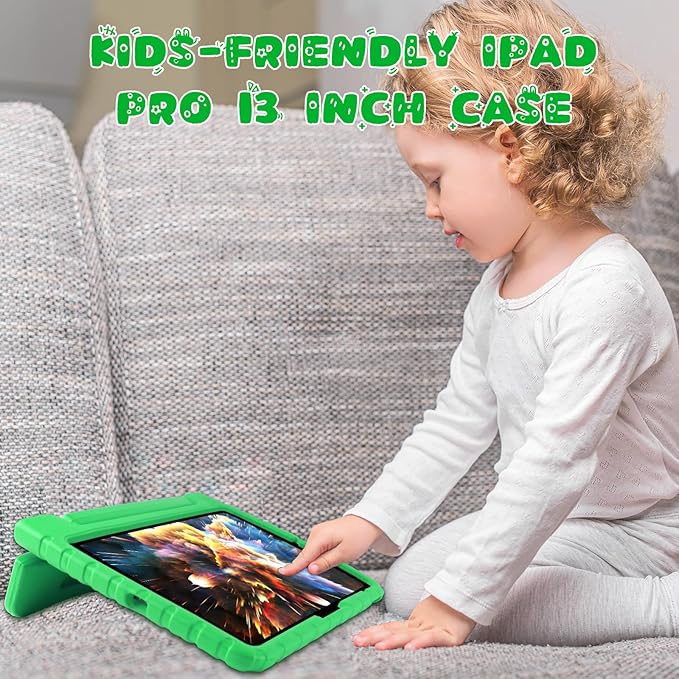 for iPad Pro 13 inch Case 2024, Shockproof Kids iPad 13 Pro Case, Protective Cover for iPad Pro 13 M4 with Pencil Holder, Anti-Slip Handle Stand, Green