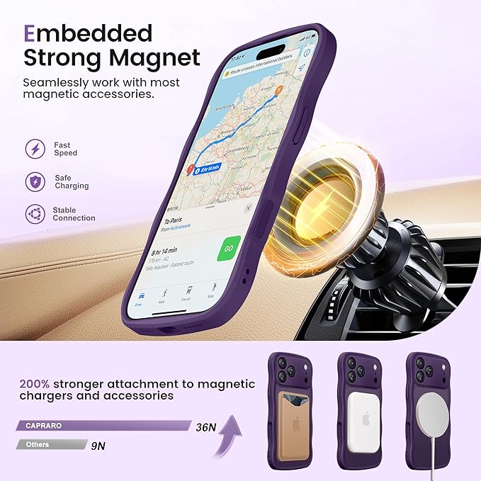 CAPRARO for iPhone 17 Pro Max Case with 360° Spin Magnetic Stand for Women, [Compatible with MagSafe] [Full Camera Protection] Cute Wave Translucent Matte Case for iPhone 17 Pro Max, Deep Purple