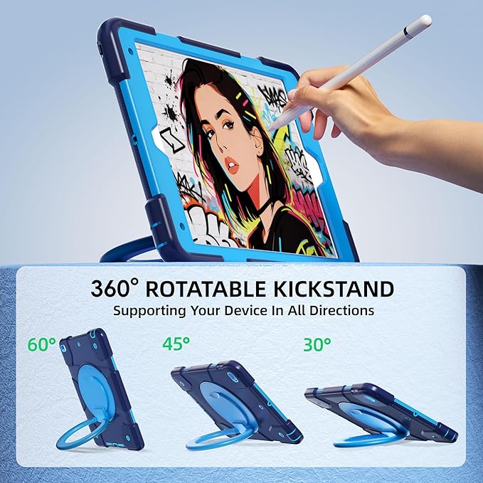 Andnary Case for iPad 9th/8th/7th Generation 10.2 inch, Shockproof Cover with Screen Protector/360° Rotate Stand/Pencil Holder/Shoulder Strap, Kids Case for iPad 2021/2020/2019 (Navy+Blue)
