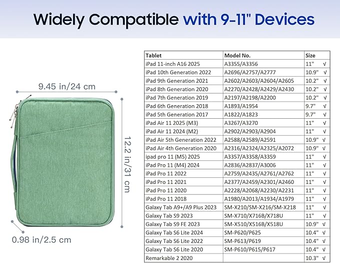 TiMOVO 9-11" Tablet Sleeve Bag for iPad 11-inch A16 2025, iPad 10.9"/10.2"| Air 11 Inch/5th/4th Gen. 10.9", Galaxy Tab A9+/A11Plus 11", Protective Bag with Pockets, Bodhi Green