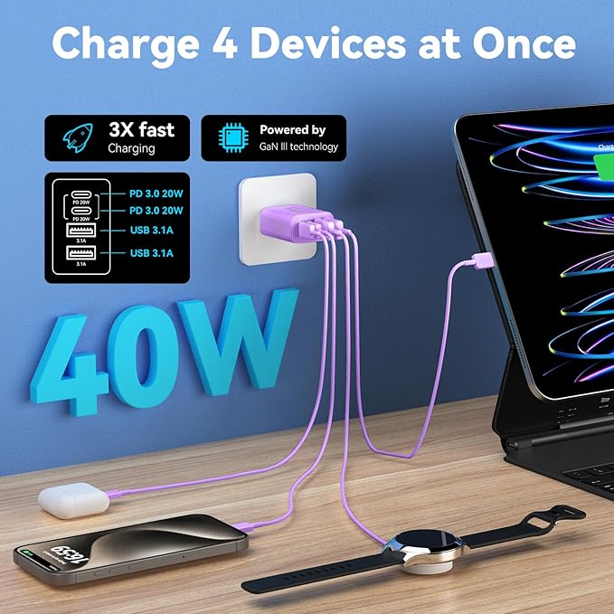 USB C Wall Charger Block, 2Pack 40W 4-Port C Charger Fast Charging Block PD Power Adapter +QC 3.0 USB A Wall Plug Multiport Type C Box Cube for i Phone 15/14/13/12/11 Pro Max,pad, Galaxy,Purple