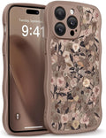 GVIEWIN for iPhone 14 Pro Case Compatible with MagSafe [Curly Wave Edge][Full Camera Protection] Floral Translucent Shockproof Magnetic Women Phone Case for 14 Pro, Apricot Blossom/Brown