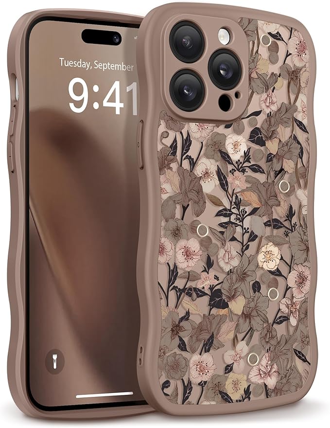 GVIEWIN for iPhone 14 Pro Max Case Compatible with MagSafe [Curly Wave Edge][Full Camera Protection] Floral Translucent Shockproof Magnetic Women Phone Case for 14 Pro Max, Apricot Blossom/Brown