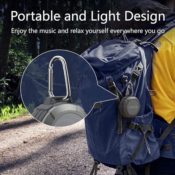 MANTO Bluetooth Speaker IPX5 Waterproof Portable Shower Speaker, 12H Battery, Bluetooth & Micro SD Playback (Up to 32GB, Card Not Included), Compact Design for Travel, Camping, Hiking, and Home
