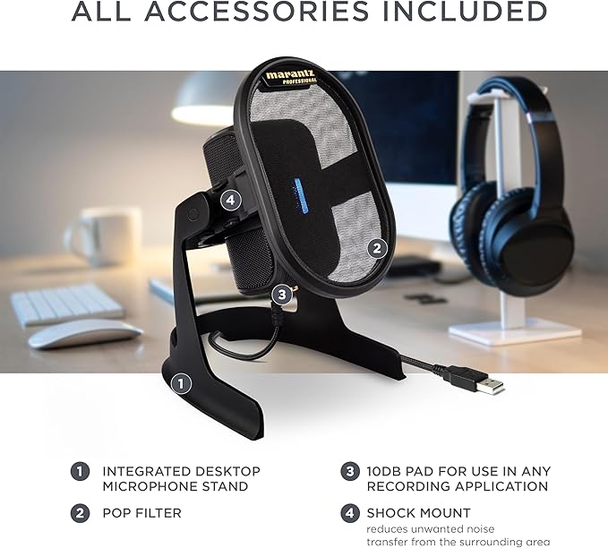 Marantz Professional Umpire - USB Microphone for Recording, Podcasting, Streaming and Gaming with Desktop Stand, Pop Filter and Shockmount, Black