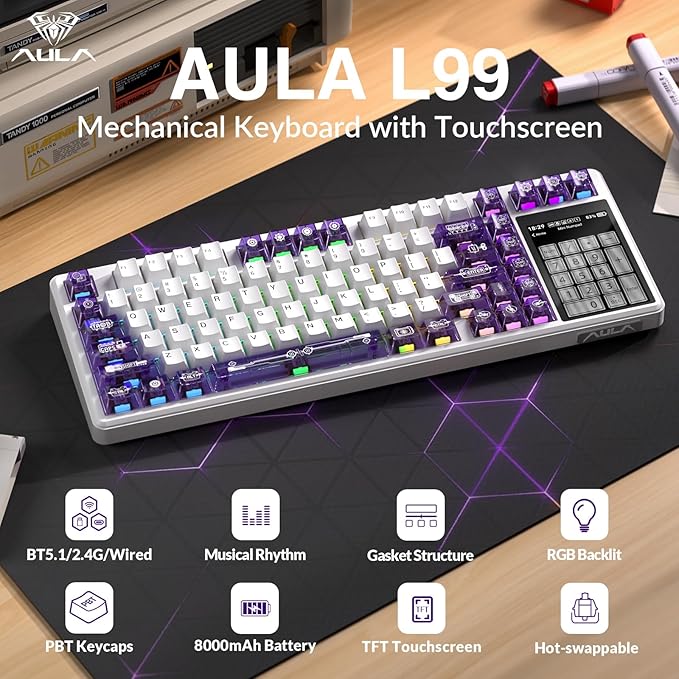 Aula L99 Wireless Mechanical Keyboard with Smart Touch Screen,Tri-Mode Hot Swappable Custom Gaming Keyboard,RGB Backlit,PBT Keycap,Gasket Mount Creamy Sounding Computer Keyboards for Office PC,84 Keys