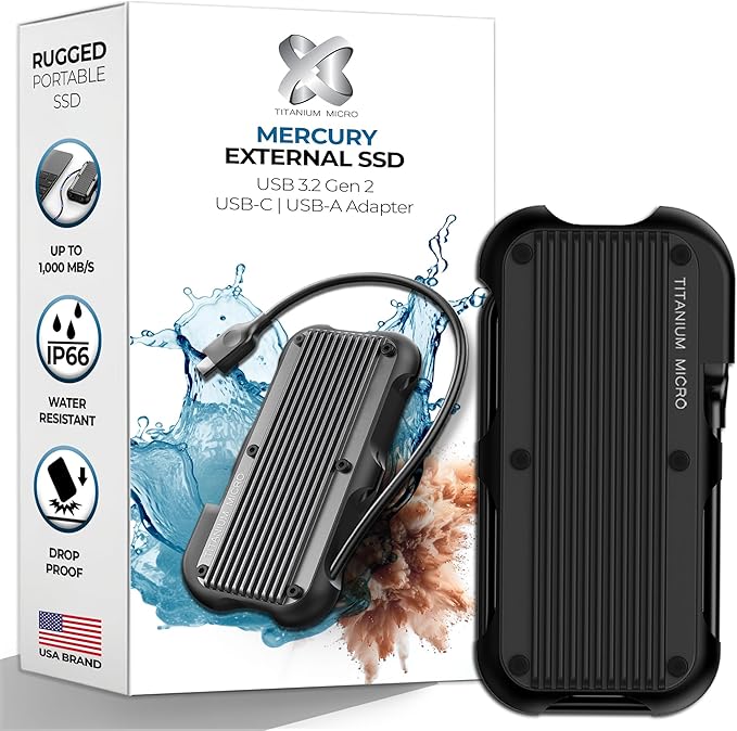 Titanium Micro External SSD 1TB - Mercury Portable SSD, Up to 1000MB/s, USB 3.2 Gen 2 USB-C USBA, Rugged IP66 Water Resistance, Drop Proof, External Solid State Drive Slim and Lightweight Storage