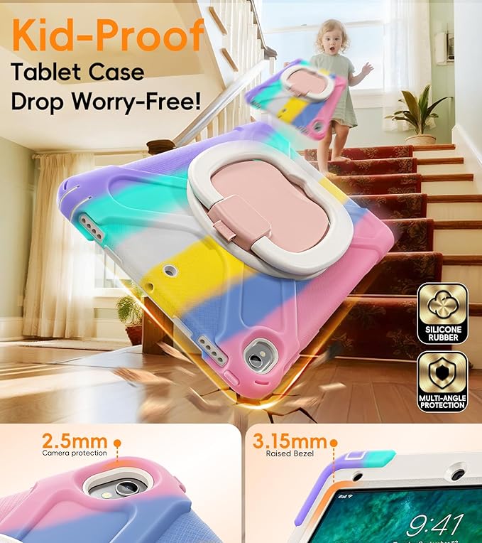 BATYUE iPad Air 3rd Generation Case 2019 Release, iPad Pro 10.5 Case 2017 Released; Rugged Heavy Duty Protective Cover with Pencil Holder, 360° Swivel Stand, Shoulder Strap; for Kids (Colourful Pink)