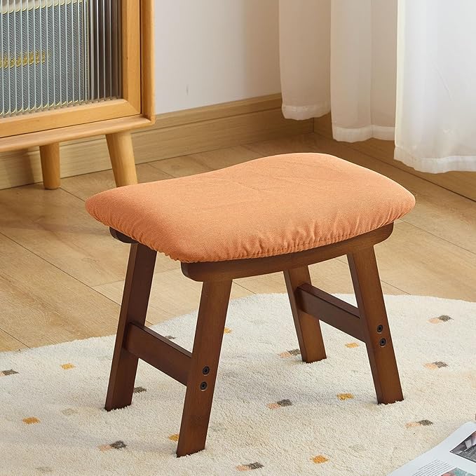 Foot Stool,Under Desk Foot Rest Ottoman, Washable Stool for Office, Living Room, Bedroom (Brown Legs-Orange Stool Seat)