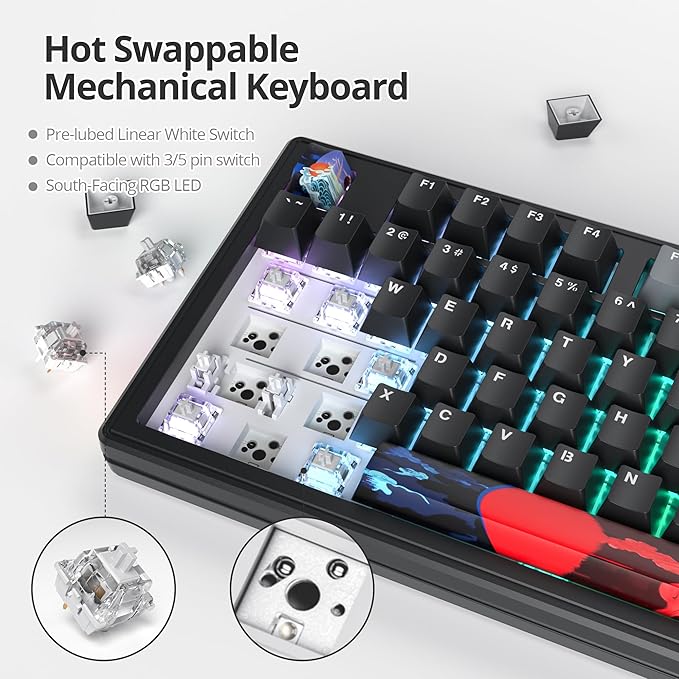 Owpkeenthy 75% Gasket Mounted Mechanical Gaming Keyboard Hot Swappable, Wired 87 Keys South-Facing RGB Keyboard with Quiet Linear White Switch Cherry Keycaps for Win mac (Black)