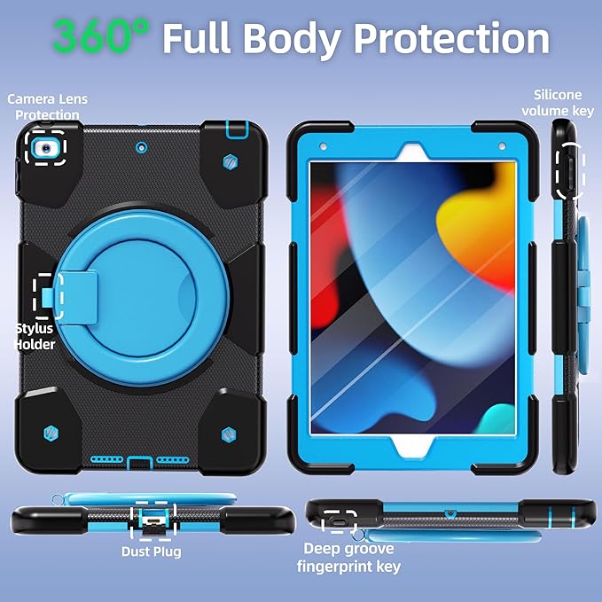 Andnary Case for iPad 9th/8th/7th Generation 10.2 inch, Shockproof Cover with Screen Protector/360° Rotate Stand/Pencil Holder/Shoulder Strap, Kids Case for iPad 2021/2020/2019 (Black+Blue)