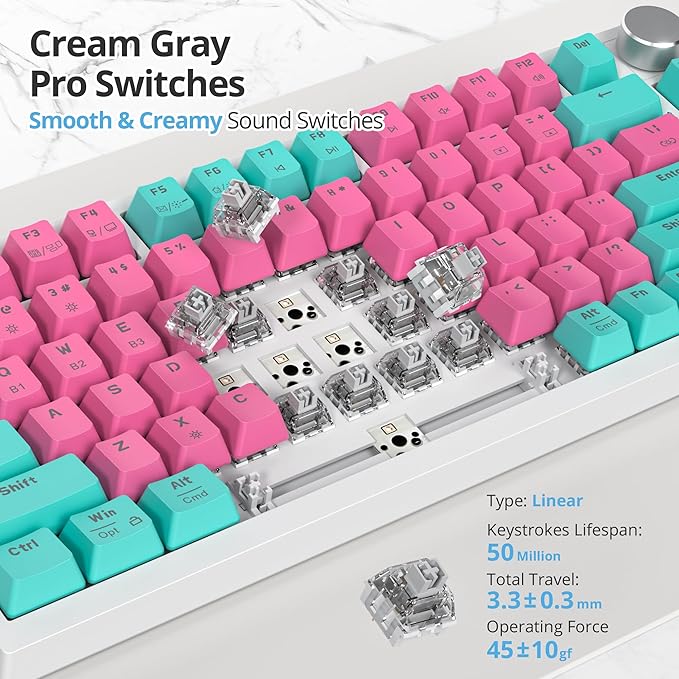 400PRO 75% Wireless Creamy Mechanical Keyboard Pink, Gasket Hot Swappable RGB Gaming Keyboard, Bluetooth/2.4GHz/USB-C Cute Keyboard with Pre-lubed Cream Grey Switches (82 Pink Cyan) ﻿