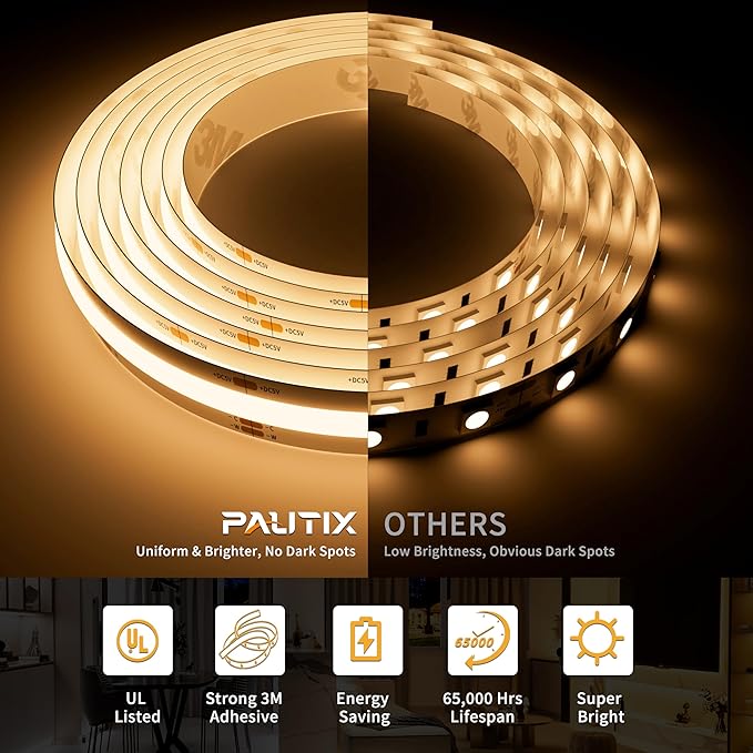 PAUTIX 5V USB COB LED Strip Lights with RF Remote,Dotless LED Lights 2700K-6500K CCT Tunable White Dimmable 6.56ft TV Backlight,Flexible Under Cabinet Tape Light for Bedroom,Kitchen,Shelf DIY Lighting