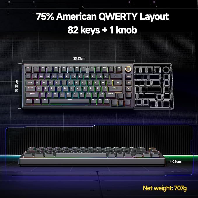 TMKB T81E Mechanical Gaming Keyboard, 75% Gasket Mount Wired Keyboard with Knob & 5-Layer Sound Dampening, Hot-Swappable, RGB Backlit, 82 Keys for Windows/Mac/Linux - Black