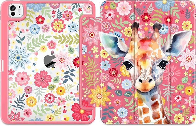Case for iPad Pro 13 inch (M5) 2025 (M4) 2024 Release Slim Lightweight Cute Hot Pink Cover with Clear Back TPU Edge Pencil Holder Trifold Stand, Giraffe