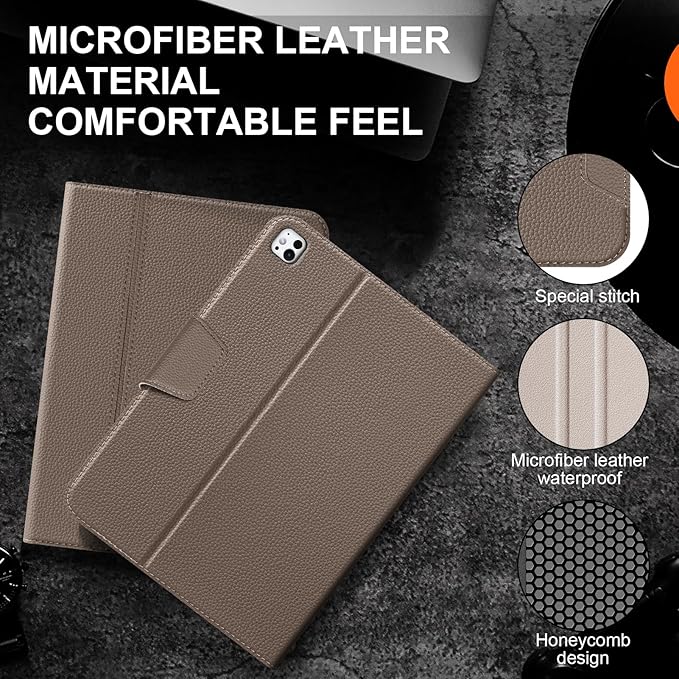 for iPad Pro 13 inch Case (M4) 2024 Release, Premium Leather Folio Cover with Auto Wake/Sleep, Apple Pencil Holder, Multi-Angle Stand & Secure Buckle Closure - Gray Brown