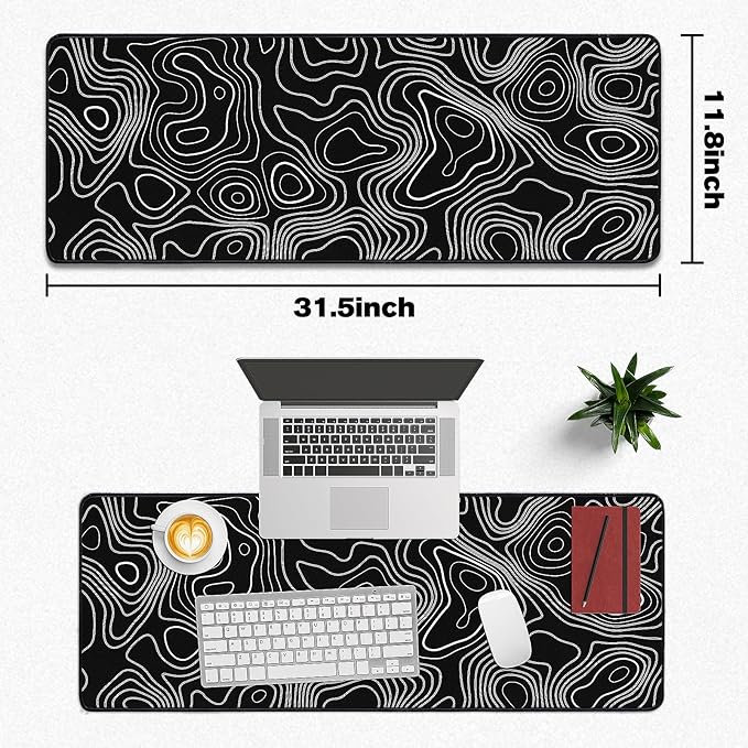 Mouse Pad Gaming - Desk Mat for Keyboard and Mouse - Large Mouse Pads for Desk, Black Topographic Gaming Mousepad with Non-Slip Base, Desks Pad (31.5" X 11.8") for Game, Office and Home