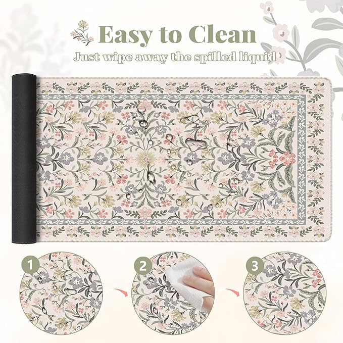 HAOCOO Vintage Floral Desk Mat, Boho Botanical Mouse Pad with Non-Slip Base, XXL Large Keyboard Mat for Office & Home (Grey)