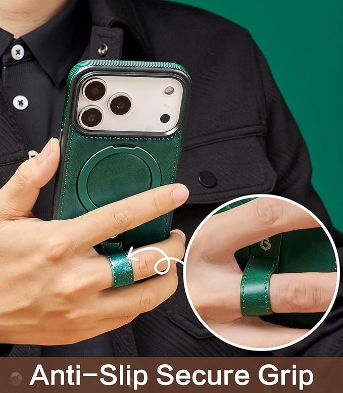 Butaiga for iPhone 17 Pro Max Leather Case with Stand, Anti-Slip Grip Ring, Fits for MagSafe (Green, iPhone 17 Pro Max)