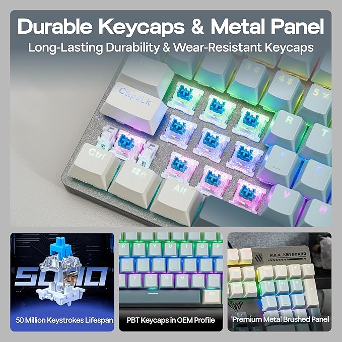 MechLands Aula S500 Wired Gaming Keyboard, 100% Full Size Mechanical Keyboard with Number Pad, 104 Keys, NKRO, RGB Backlits, Shine Through Keycaps, Ergonomic for PC E-Sports (Black&Blue, Blue Switch)