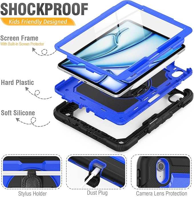 HXCASEAC Rugged Case for iPad Air 11 inch M4 M3 M2 (2026 2025 2024), Heavy Duty Protective Design with Pencil Holder, Screen Protector, Rotating Stand, Hand Strap, for iPad Air 11 Hard Case (Blue)