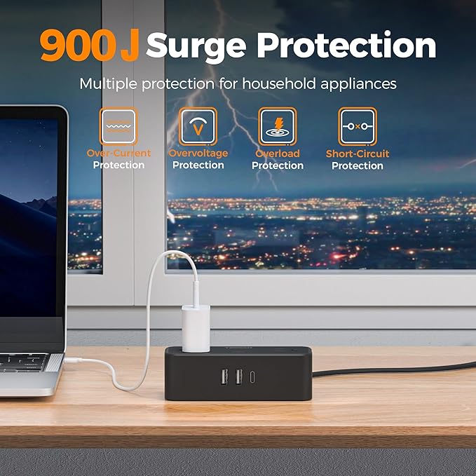 TESSAN Flat Plug Extension Cord 5 FT, Surge Protector Power Strip with 4 AC Outlets 1 USB C and 2 USB A Ports, 900 Joules Protection, Multiple Wall Outlet Extender Suitable for Office Dorm, Black
