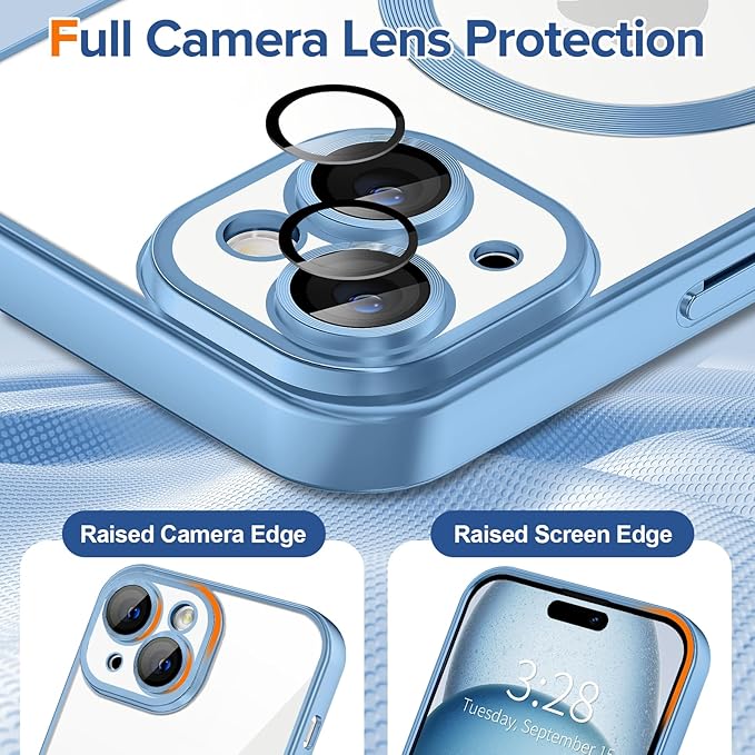 Hython Magnetic Clear for iPhone 15 Plus Case with Camera Lens Protector [Compatible with MagSafe] Luxury Plating Edge Slim Soft TPU Cover Protective Phone Case for iPhone 15 Plus, Matte Light Blue