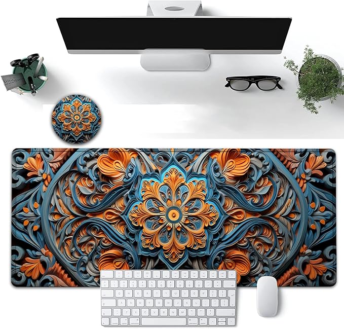 Large Mouse Pad, 31.5 x 11.8in Extended Gaming Mouse Pad with Stitched Edges, XXL Mousepad Protector Non Slip Rubber Base for Office and Home Writing Mat, Flower Art Pattern Desk Mat